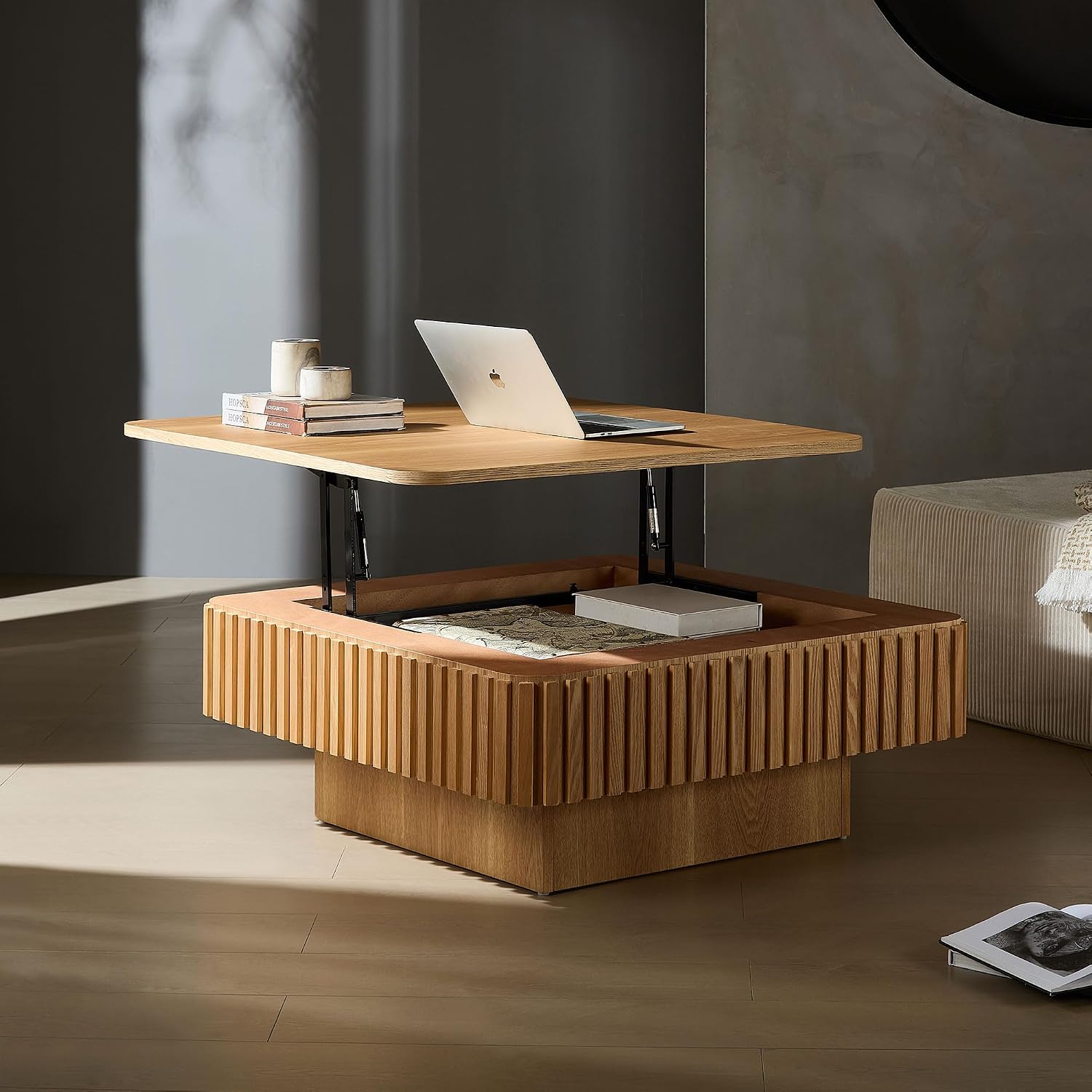 Lift top Coffee Table Square for Living Room Storage Coffee Table with Lifting Top Smart Fluted Coffee Tables Modern Larger Center Tables for Apartment 35.43'' Natural Wood