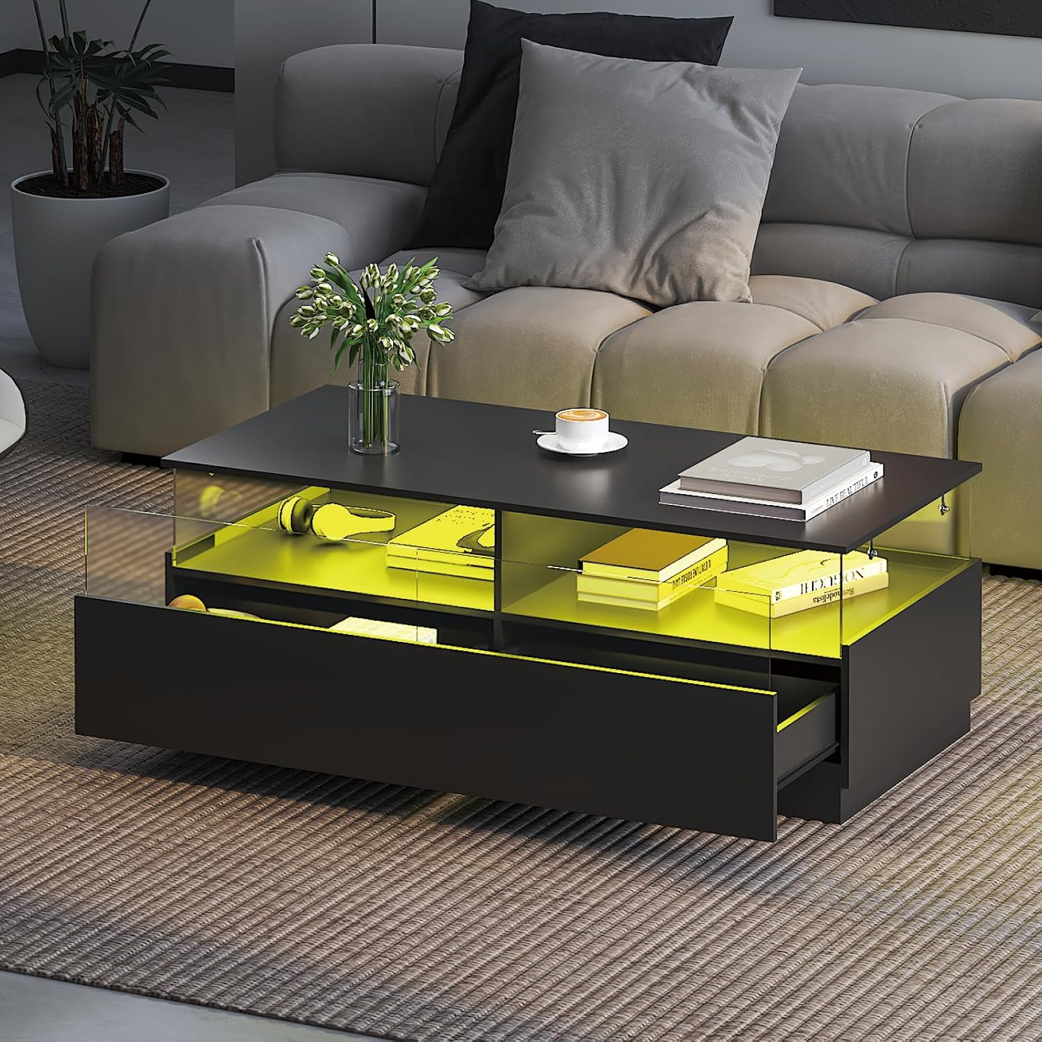 HedoAjim Rectangular Coffee Tables with Storages, Modern Black Coffee Table for Living Room, Rectangular Coffee Tables and 2 Spacious Drawers, Coffee Table with LED Light