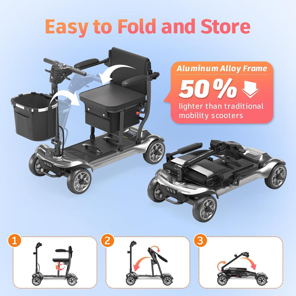 Foldable Mobility Scooter for Adults&Seniors - 43lb Lightweight Portable Motorized Scooters Airport Approved, 4 Wheel Travel Mobility Scooter w/Removable Battery, Dual Basket, 300lb Capacity, Silver