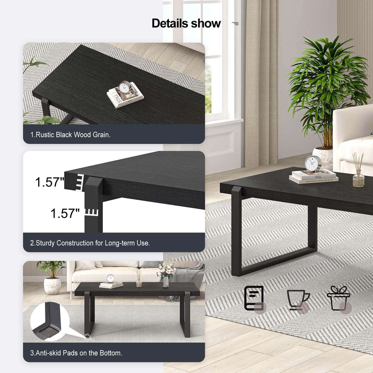 EXCEFUR Modern Black Coffee Table, Industrial Wooden and Metal Center Table for Living Room, Rectangle Cocktail Tea Table, Black Oak, 44 Inch