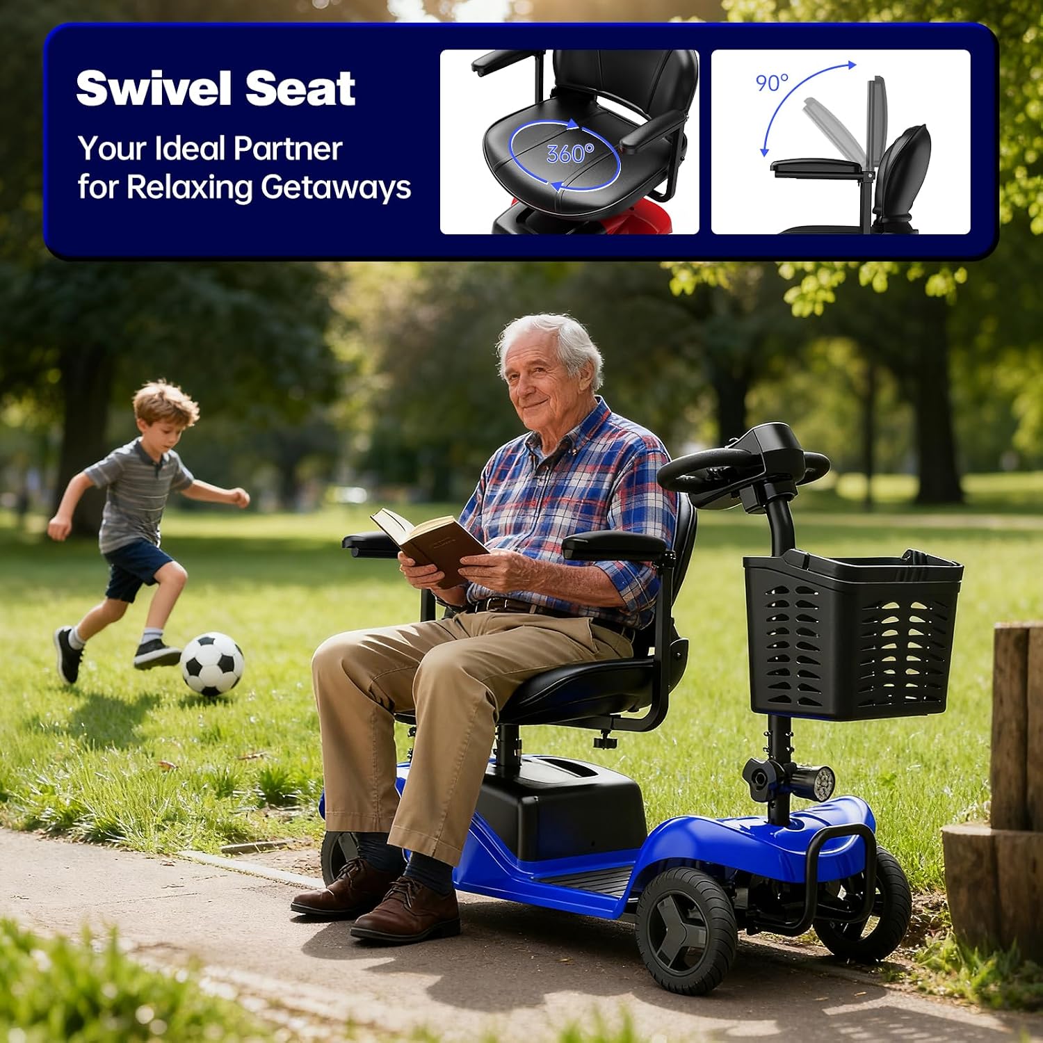 Mobility Scooter,4 Wheel Mobility Scooter,28 Miles Range,300W Motor, 300LBS Capacity,Lightweight and Portable,with LED Headlights and Basket,Charger Included,Blue