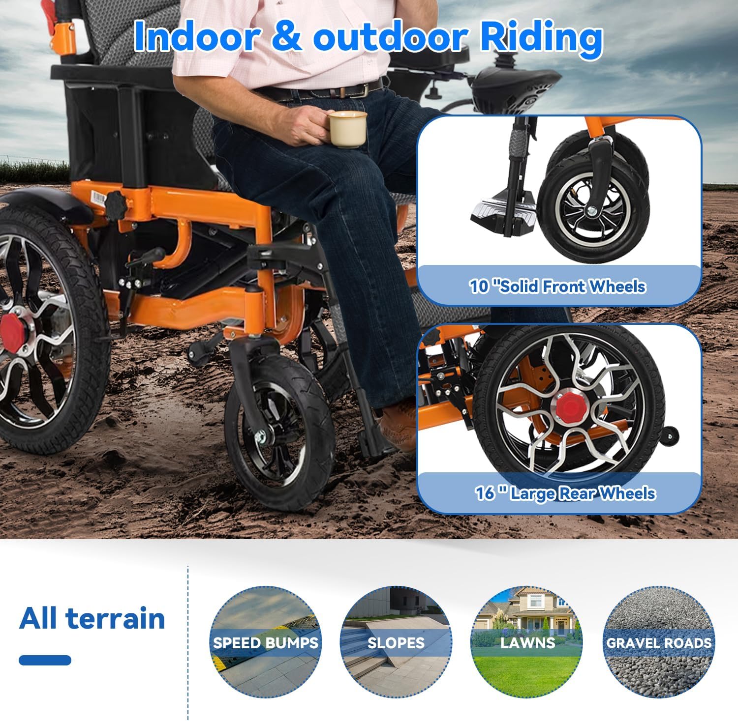 Foldable Electric Wheelchairs for Adults, 20' Widened Motorized Wheelchair for Seniors, 25 Miles Travel Range All-Terrain Power Wheelchair, Compact Size Travel Wheelchair Airline Approved (Orange)