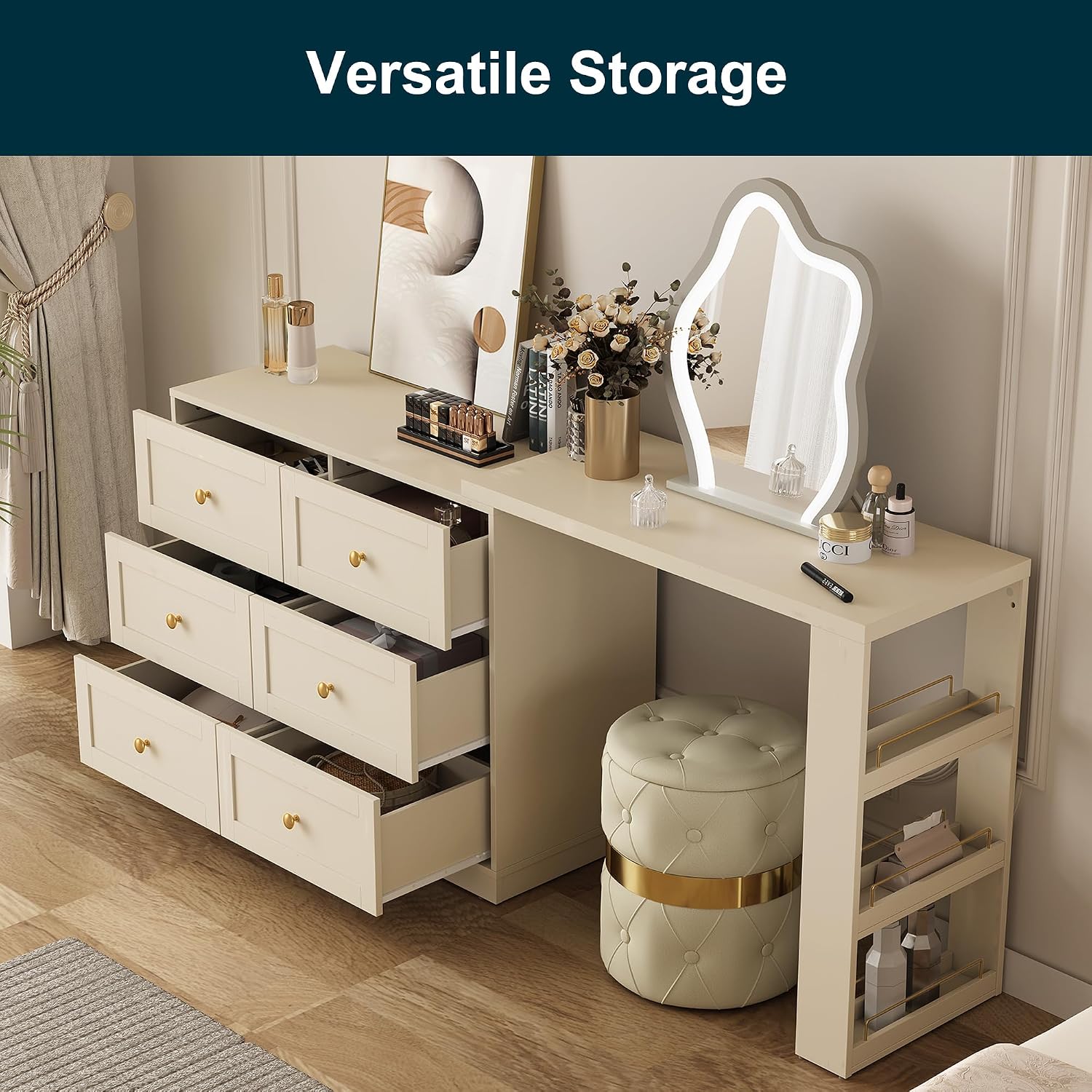 RoyalCraft Extendable Vanity Desk and Dresser Combo, 67' Makeup Vanity Table with Drawers and 3 Side Shelves, Wood Dressing Table for Bedroom, Dressing Room, Beige