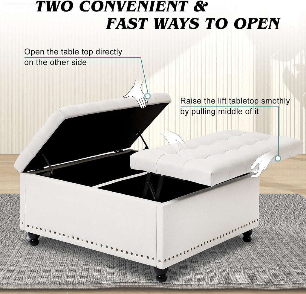 Grepatio Square Tufted Ottoman with Storage - 35.5' Large Lift-Top Storage Ottomans Upholstered Coffee Table for Living Room Bedroom (White)