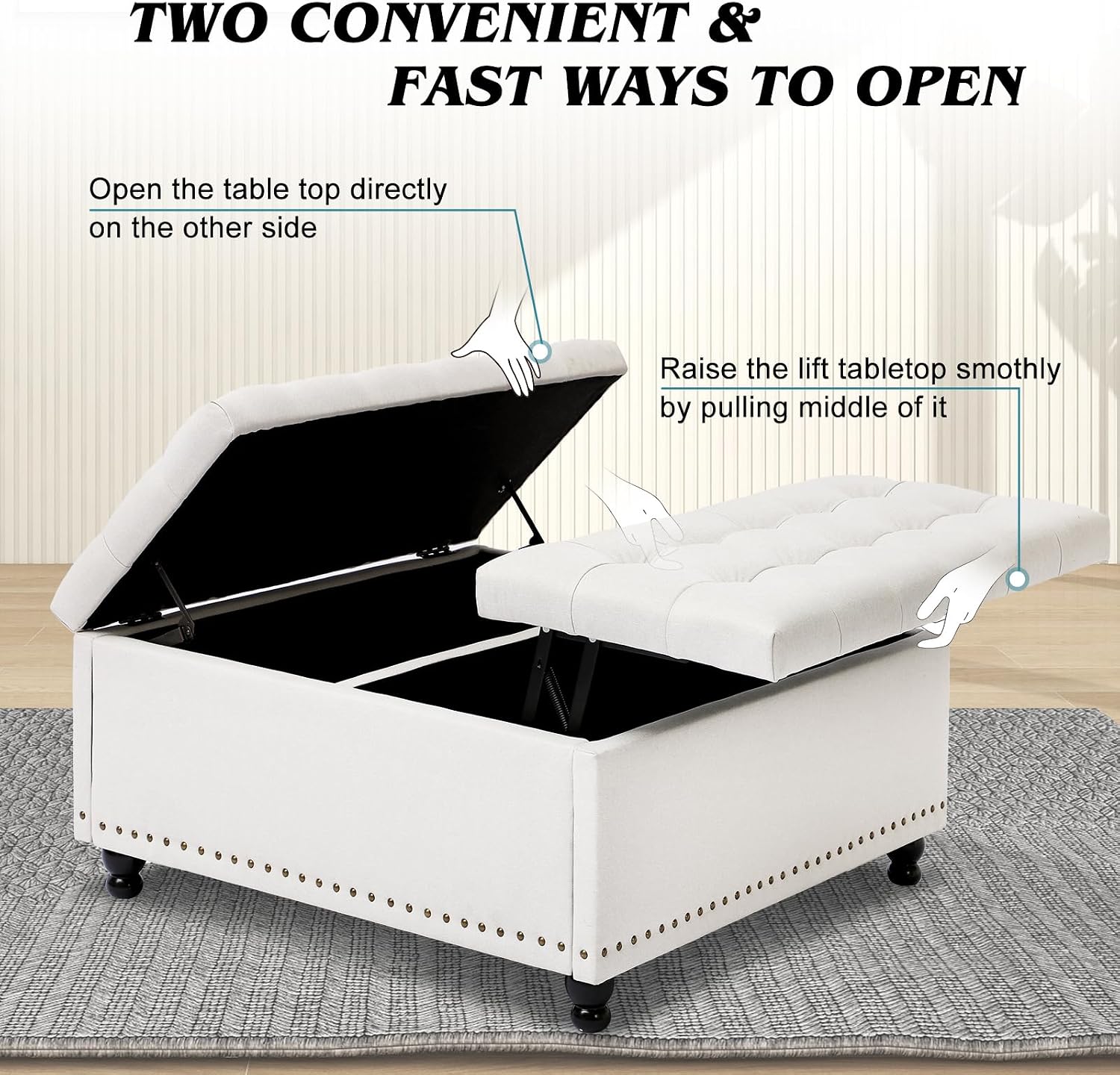Grepatio Square Tufted Ottoman with Storage - 35.5' Large Lift-Top Storage Ottomans Upholstered Coffee Table for Living Room Bedroom (White)