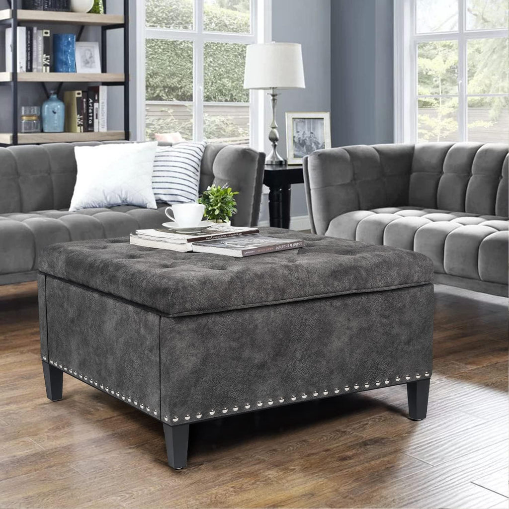 Joveco Storage Ottoman Square Tufted Bench Coffee Table Footrest for Living Room Bedroom, Need to DIY Assemble/ Put it Together, (Dark Gray)