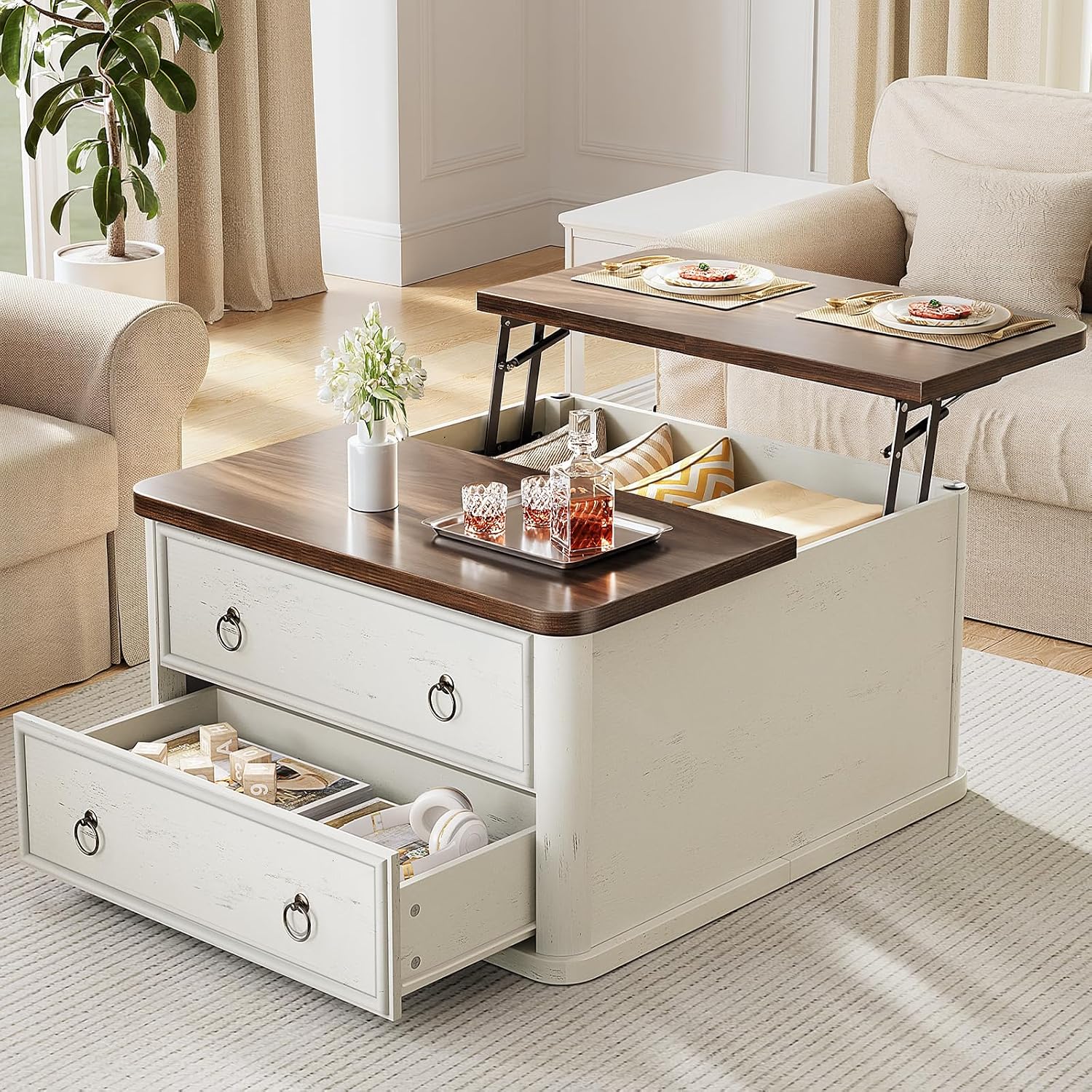 Memobarco 31.5' Lift Top Coffee Table with Storage,Square Coffee Tables with Lifting top for Living Room,Farmhouse Coffee Table with Storage Drawers and Large Hidden Compartment,Rustic White+Walnut