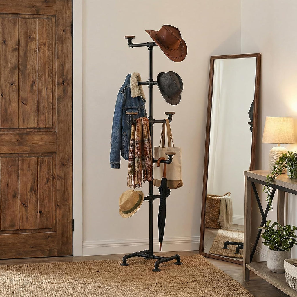 MyGift Hat Rack Stand,Standing Hat Organizer Tree, Baseball Caps Cowboy Hat Display, Industrial Black Metal Pipe Rack with 10 Round Rustic Burnt Wood Hanger Hooks