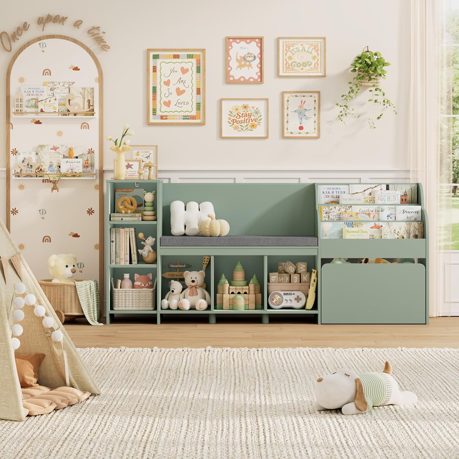 HOSTACK 67' W Kids Reading Nook with Toy Storage Organizer, Large Kids Bookshelf with Toy Storage Box on Wheels, Big Kid Bookcase with Bench and 6 Open Cubbies for Playroom, Kid Room, Green
