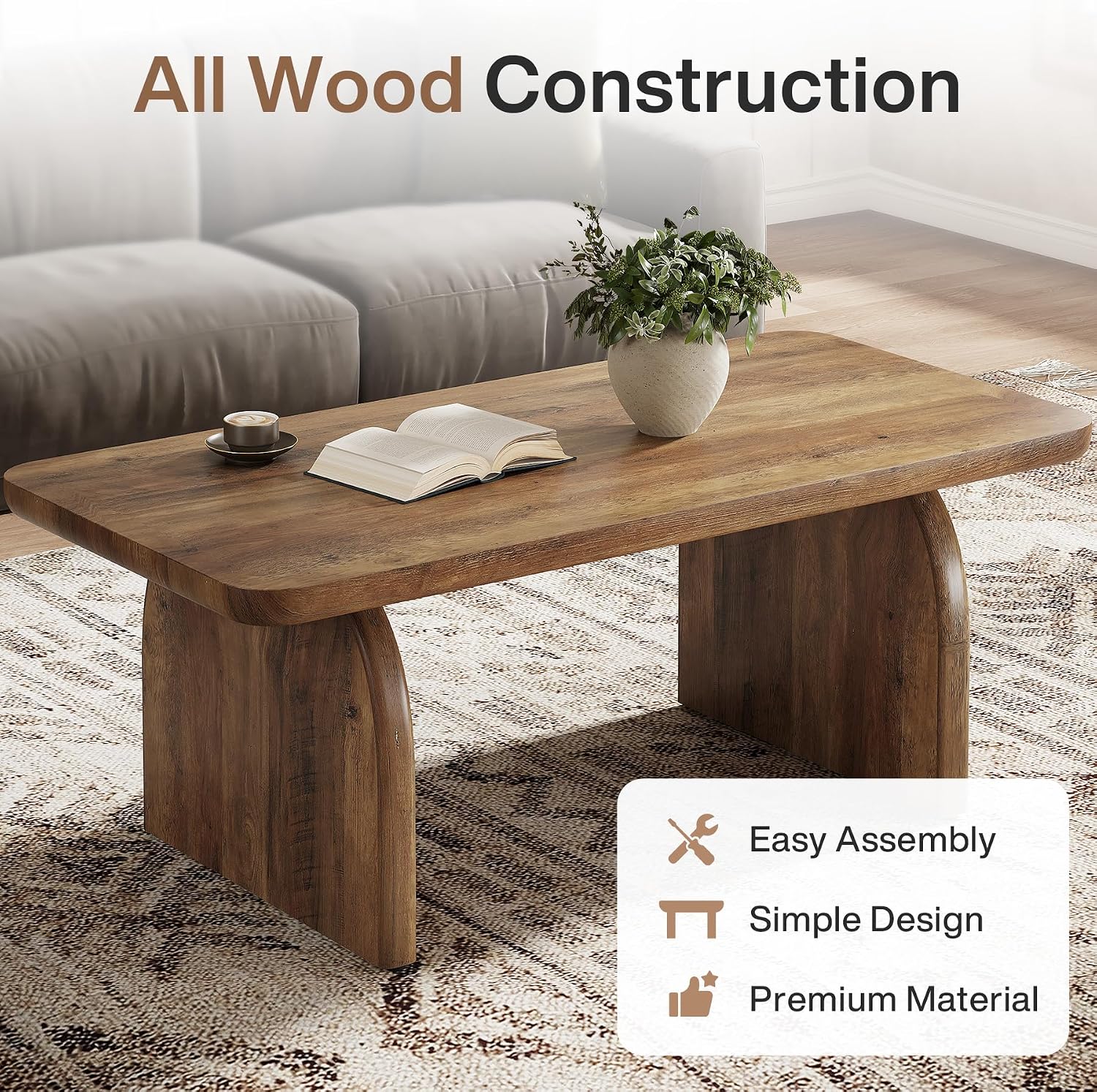 Tribesigns Coffee Table for Living Room, 47-Inch Farmhouse Rectangule Center Table with Rounded Corners, Mid-Century Modern Low Large Cocktail Tea Furniture, Easy Assembly (Rustic Brown)
