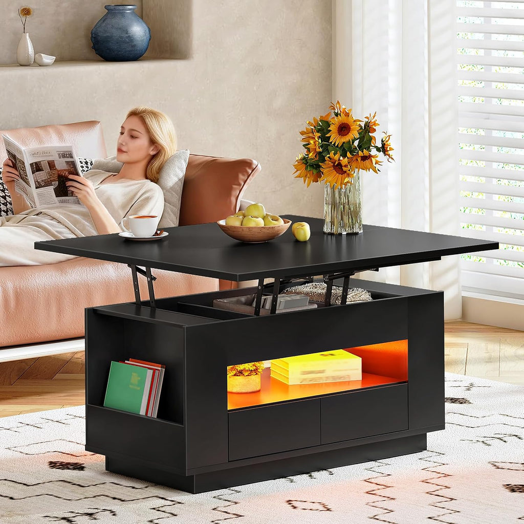CHOEZON 40-Inch Lift Coffee Table with 2 Drawers, LED Lights and Storage, 4-in-1 Multi-Use Center Table with Floating Base, for Living Room, Black MKF03DBB