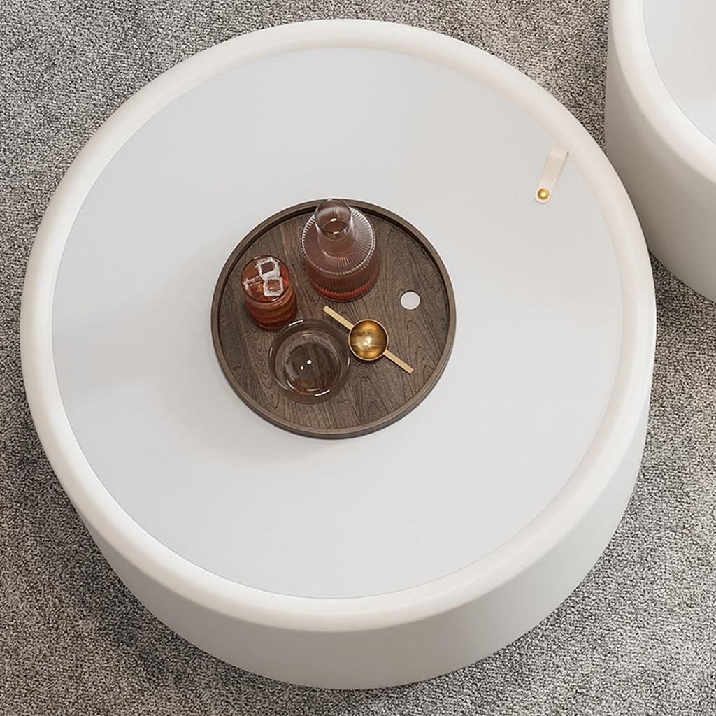 White Round Coffee Table with Hidden Storage, 27.56' Drum Coffee Table with Tempered Glass Top and PU Leather Body, Circle Cocktail Tea Table for Living Room, No Assemble