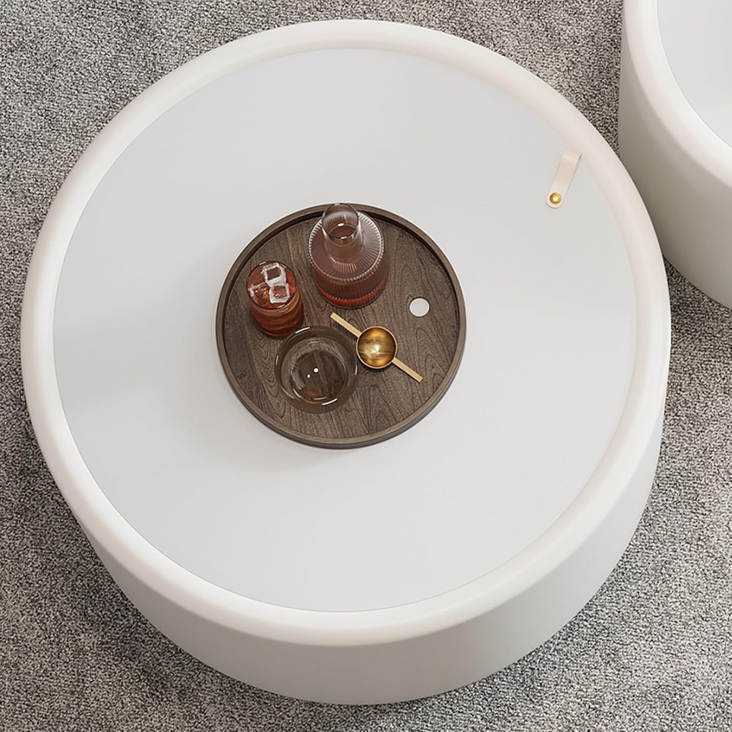 White Round Coffee Table with Hidden Storage, 27.56' Drum Coffee Table with Tempered Glass Top and PU Leather Body, Circle Cocktail Tea Table for Living Room, No Assemble