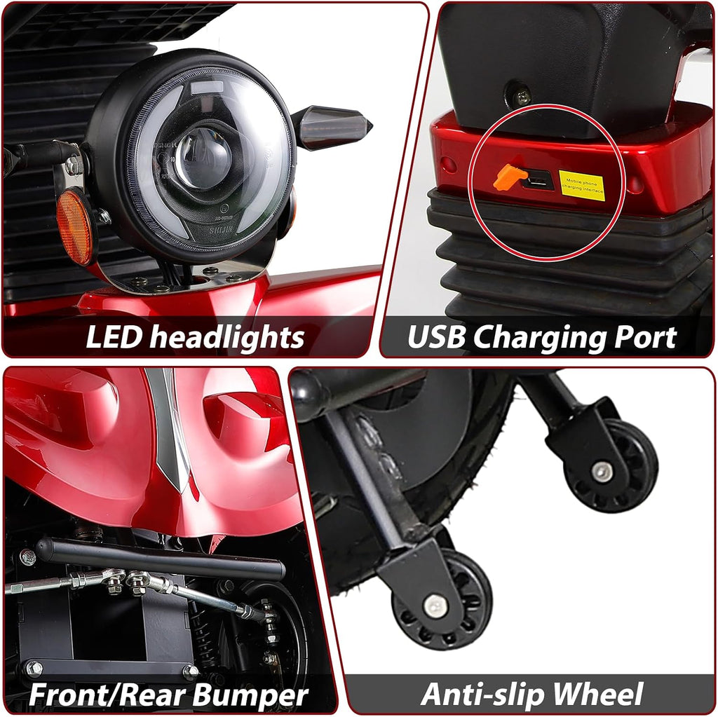 Mobility Scooters for Seniors & Adults 400 Lb Weight All Terrain,Heavy Duty Foldable 4-Wheel Powered Scooter,Disability Electric Wheelchair with Lightweight Frame,Electromagnetic Brake,Red