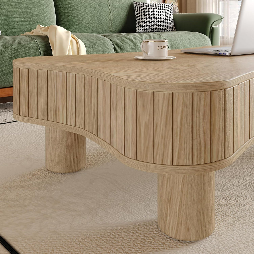 Unique Cloud Coffee Table with Lifting Top Low Coffee Table with Storage Farmhouse Country Rustic Wooden Coffee Tables Cute Irregular Center Tables for Living Room 42.52'' Natural Wood