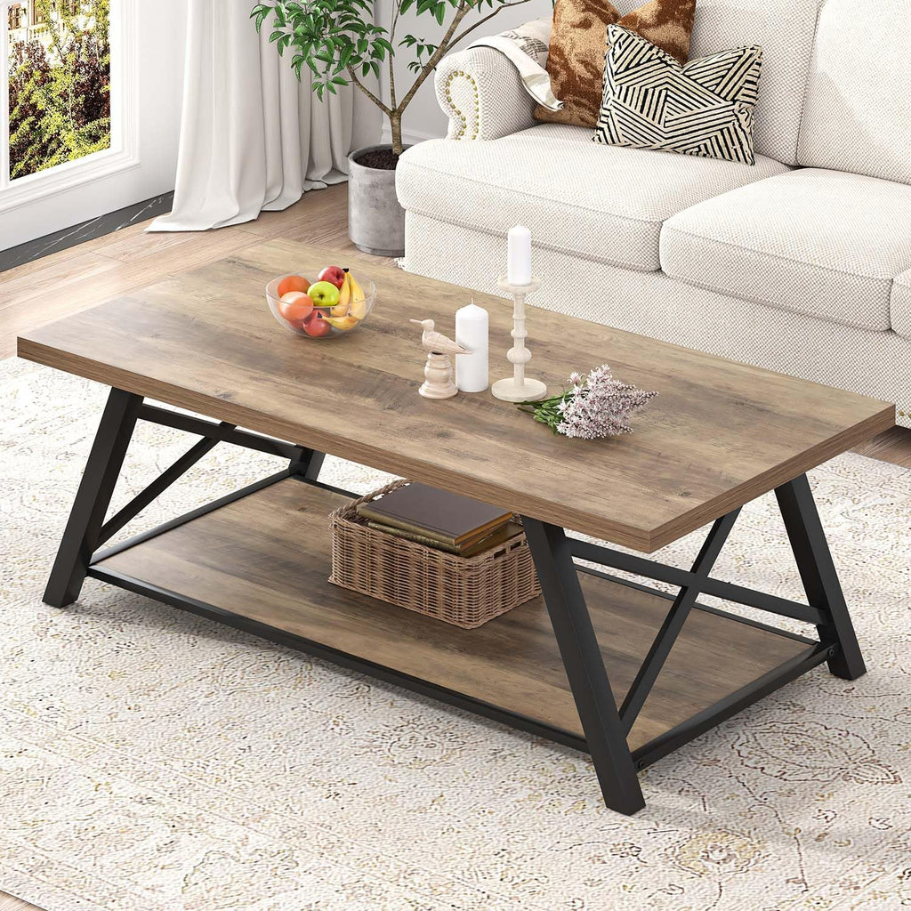 EXCEFUR Modern Coffee Table, Rectangle Center Table for Living Room with Storage Shelf, Industrial Wood and Metal Cocktail Tea Table, Rustic Oak, 47 Inch