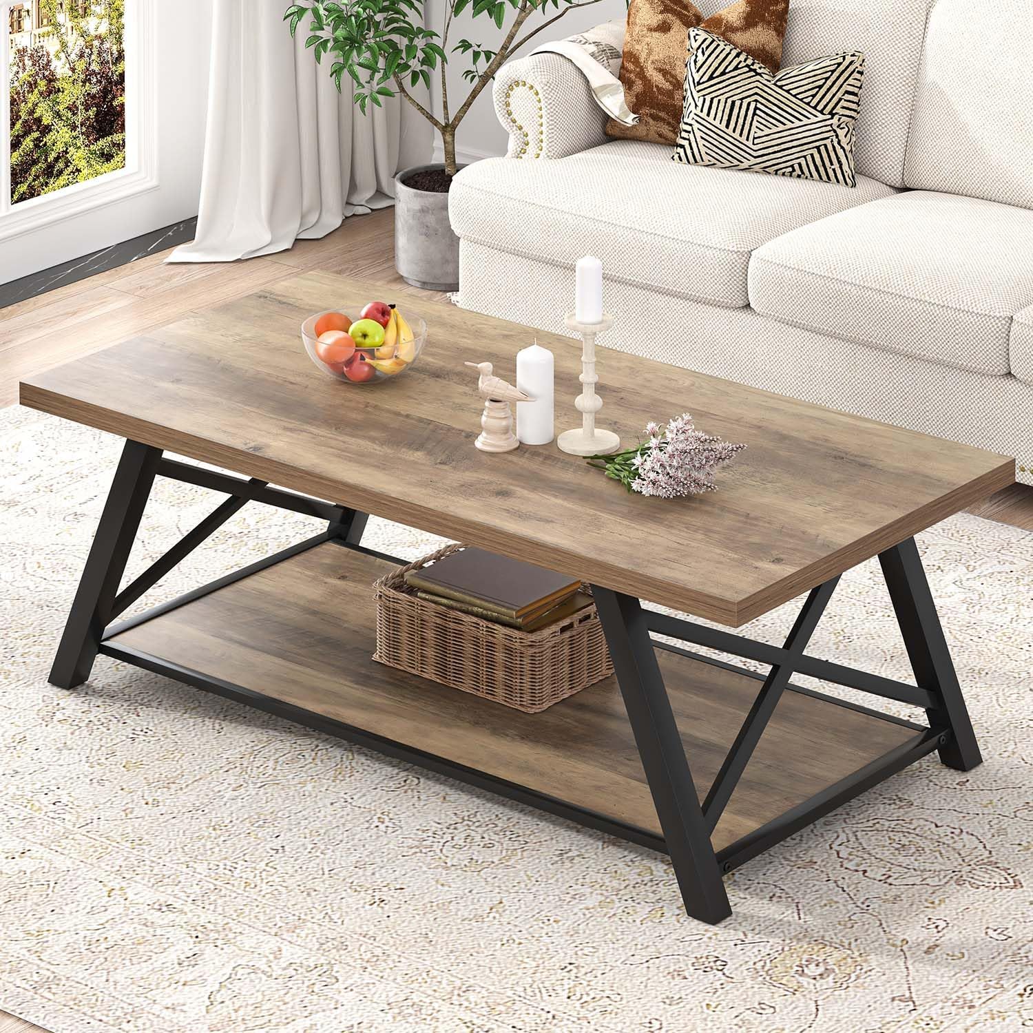 EXCEFUR Modern Coffee Table, Rectangle Center Table for Living Room with Storage Shelf, Industrial Wood and Metal Cocktail Tea Table, Rustic Oak, 47 Inch