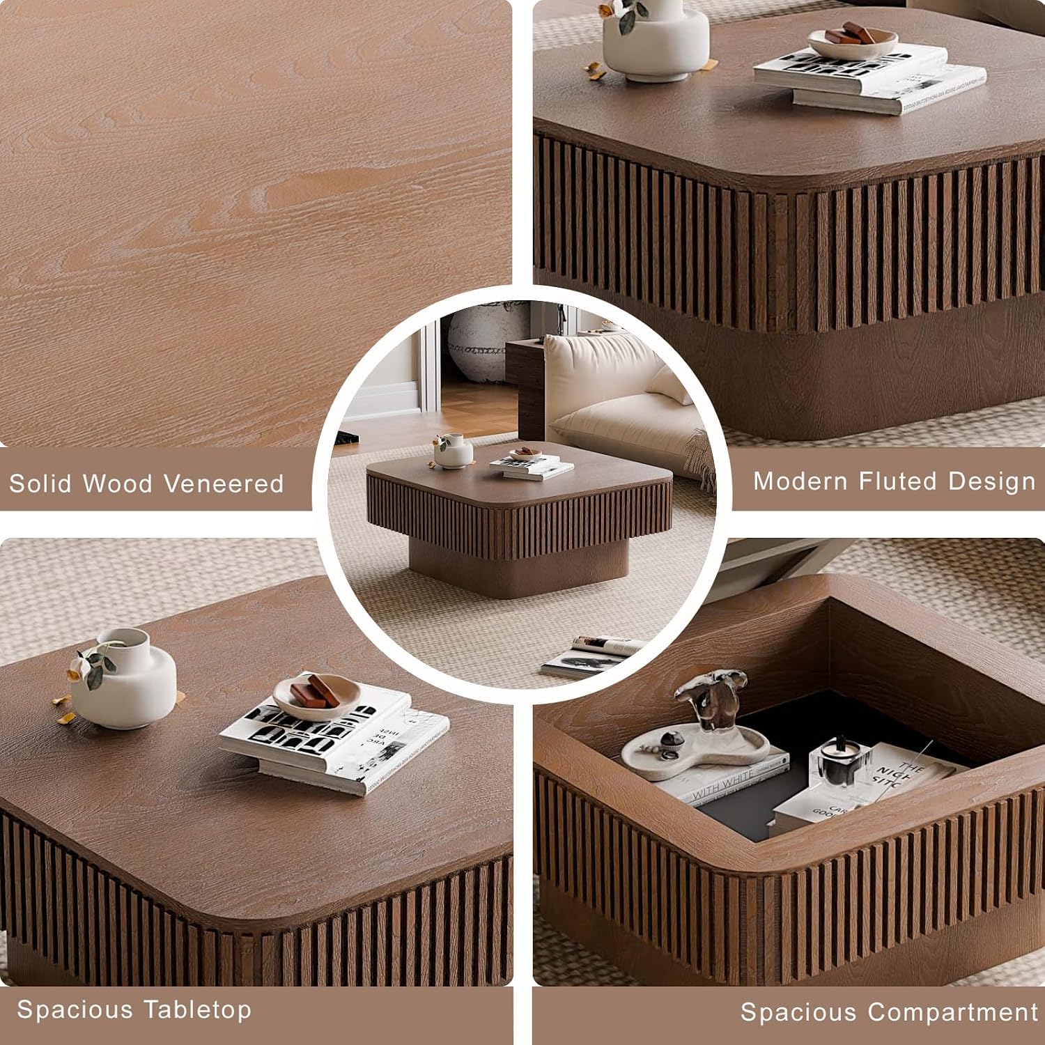 Square Small Coffee Table with Storage, Modern Wooden Coffee Table with Solid Wood Veneered, Fluted Center Table Drum Tea Table for Living Room Apartment, 31.5''L×31.5''W×14''H