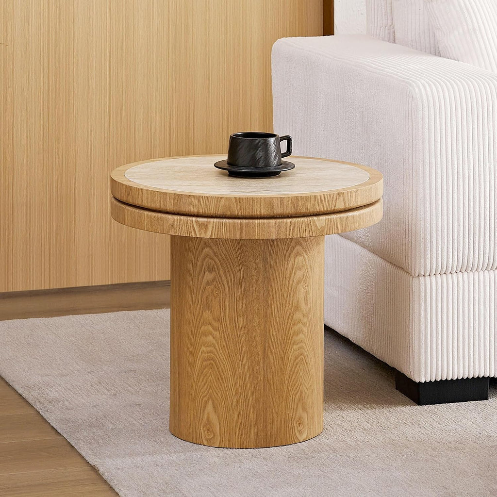JUSTONE 19.49 '' Round Fluted Coffee Table Small Accent Table for Living Room,Modern Small Accent Table Sofa Side End Table for Living Room,Home Balcony(Natural)