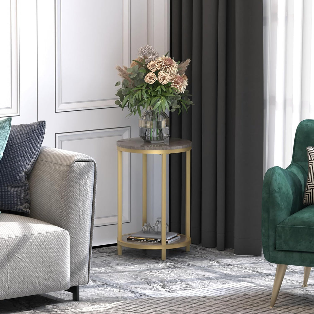 WiberWi Round Side Table Set of 2, Modern Nightstand End Table with Gold Metal Frame &Faux Marble Top, Accent Bedside Table for Living Room Bedroom Small Spaces with Storage Open Shelf, Grey