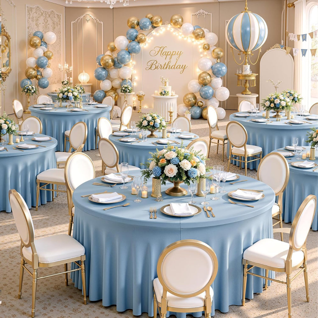 NSSONBEN 6 pk Dusty Blue Spandex Round Table Cloths for 60inch Table, Wrinkle Free 120inch Stretchy Fitted 5ft Round Table Covers with Skirt for Wedding Birthday Graduation Parties Banquet Events