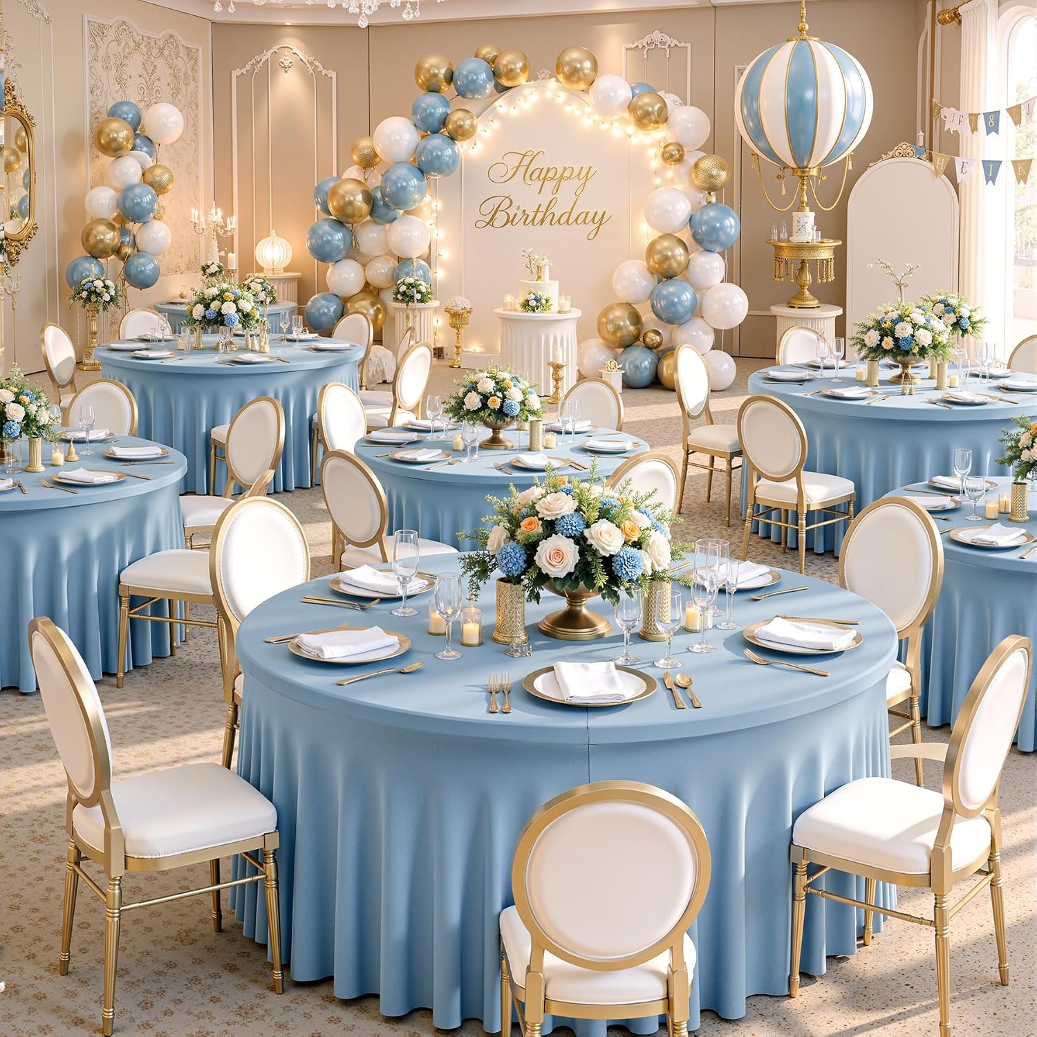 NSSONBEN 6 pk Dusty Blue Spandex Round Table Cloths for 60inch Table, Wrinkle Free 120inch Stretchy Fitted 5ft Round Table Covers with Skirt for Wedding Birthday Graduation Parties Banquet Events