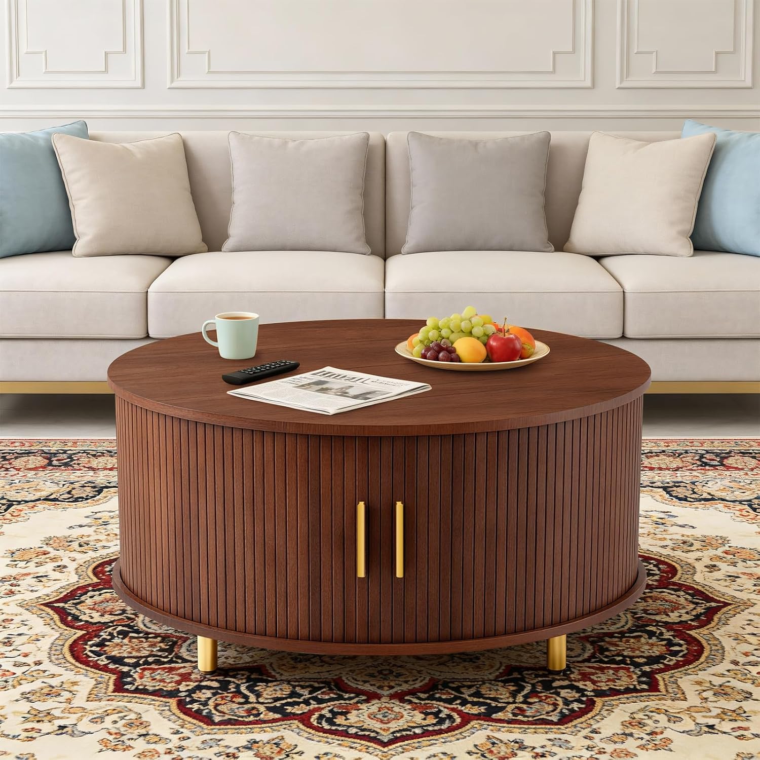 DHH Round Coffee Table, 31.5' Mid Century Modern Coffee Table with 360° Sliding Tambour Door, Fluted Accent Coffee Table with Storage Adjustable Footpads for Living Room (Walnut)