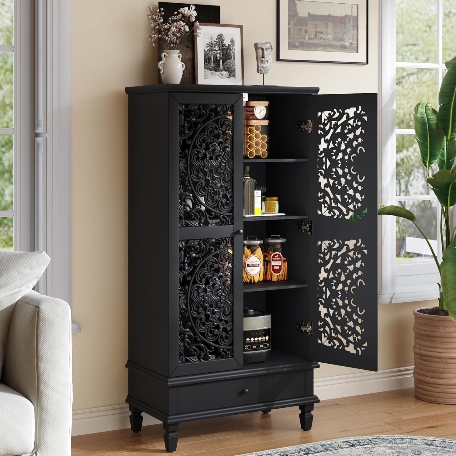 JIJIWANG Rustic 55'' Hollowed-Out Carving Storage Cabinet with 2 Doors and Shelves,French Wood Accent Cabinet with Distressed Finish,Buffet & Sideboard for Living Room,Entryway,Bedroom,Black
