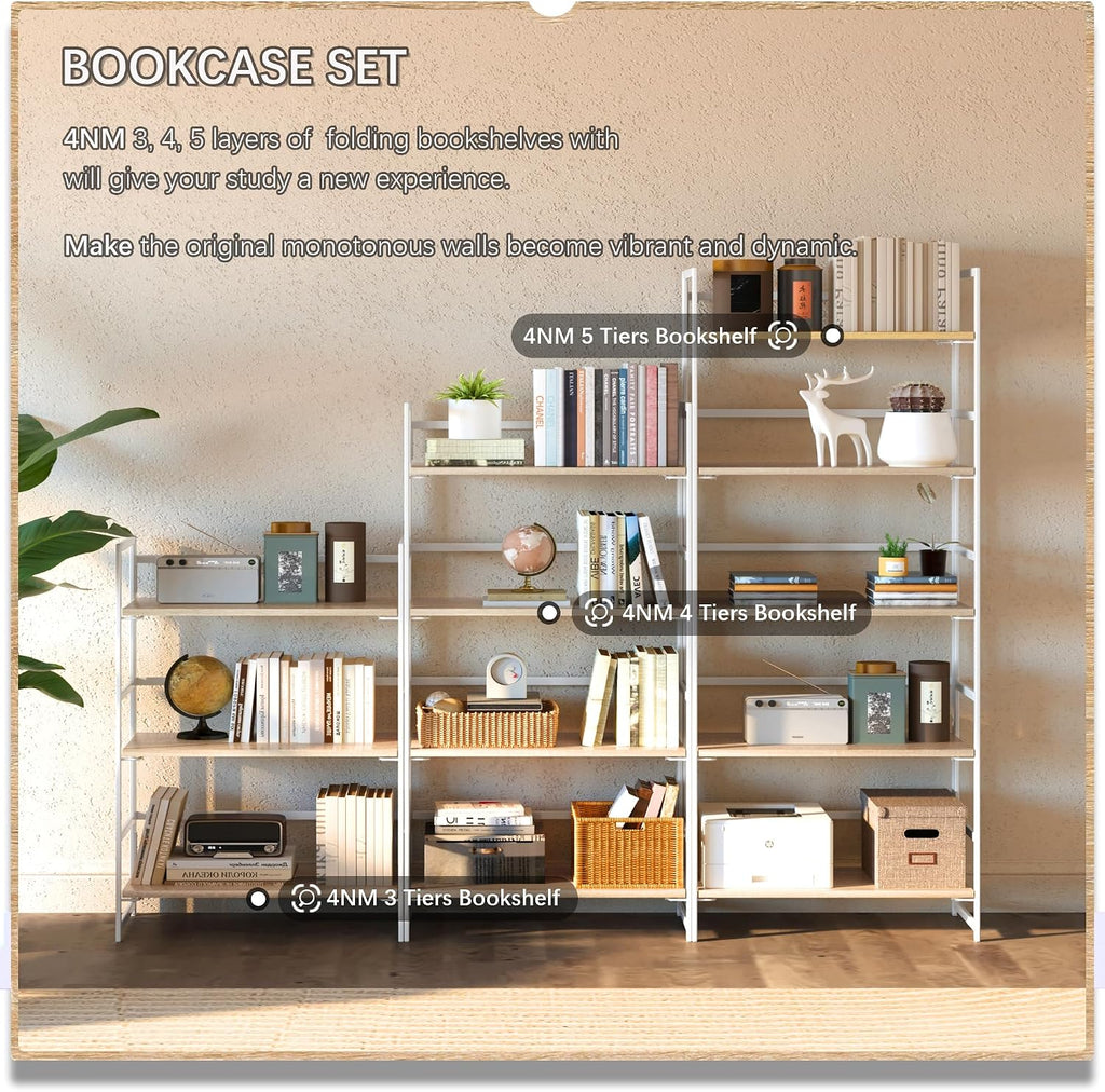 4NM No Assembly 5 Tier Collapsible Book Shelves, 51.2' H x 23.6' W Folding Bookshelf Bookcase Open Industrial Foldable Shelf for Bedroom, Living Room, Home Office - Natural White