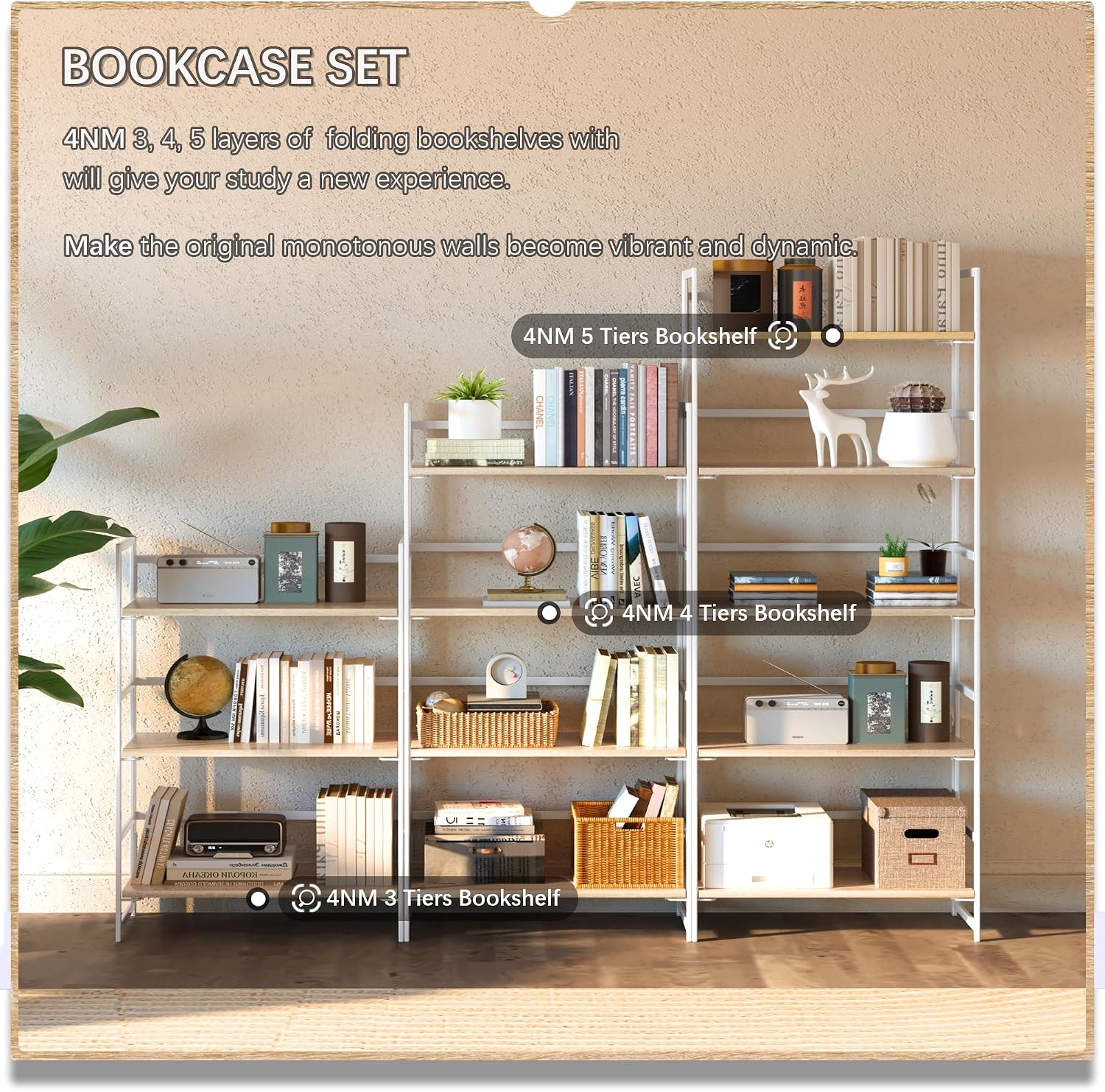 4NM No Assembly 5 Tier Collapsible Book Shelves, 51.2' H x 23.6' W Folding Bookshelf Bookcase Open Industrial Foldable Shelf for Bedroom, Living Room, Home Office - Natural White