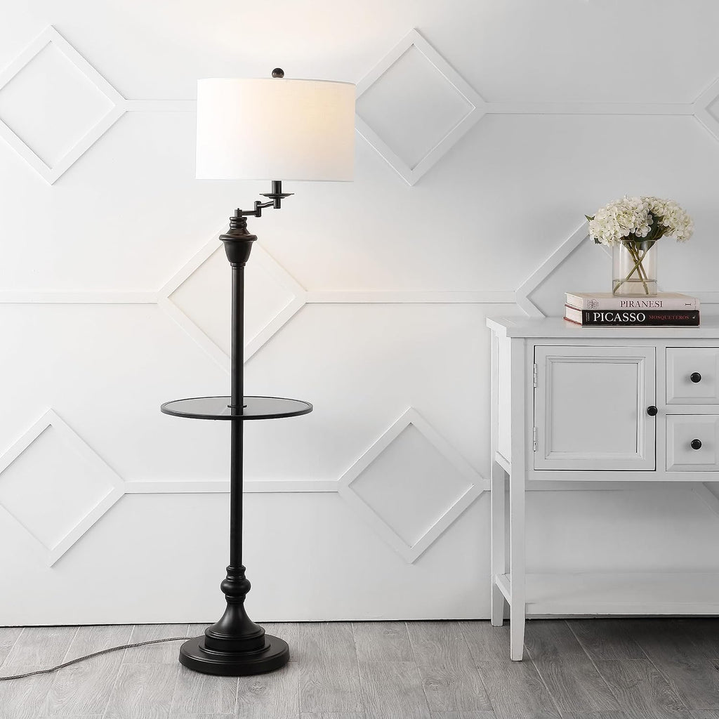 JONATHAN Y 60' Black Floor Lamp with Integrated Glass Side Table, Modern Swing Arm Standing Lamp for Living Room, White Linen Shade, LED Bulb Included (JYL3055D)