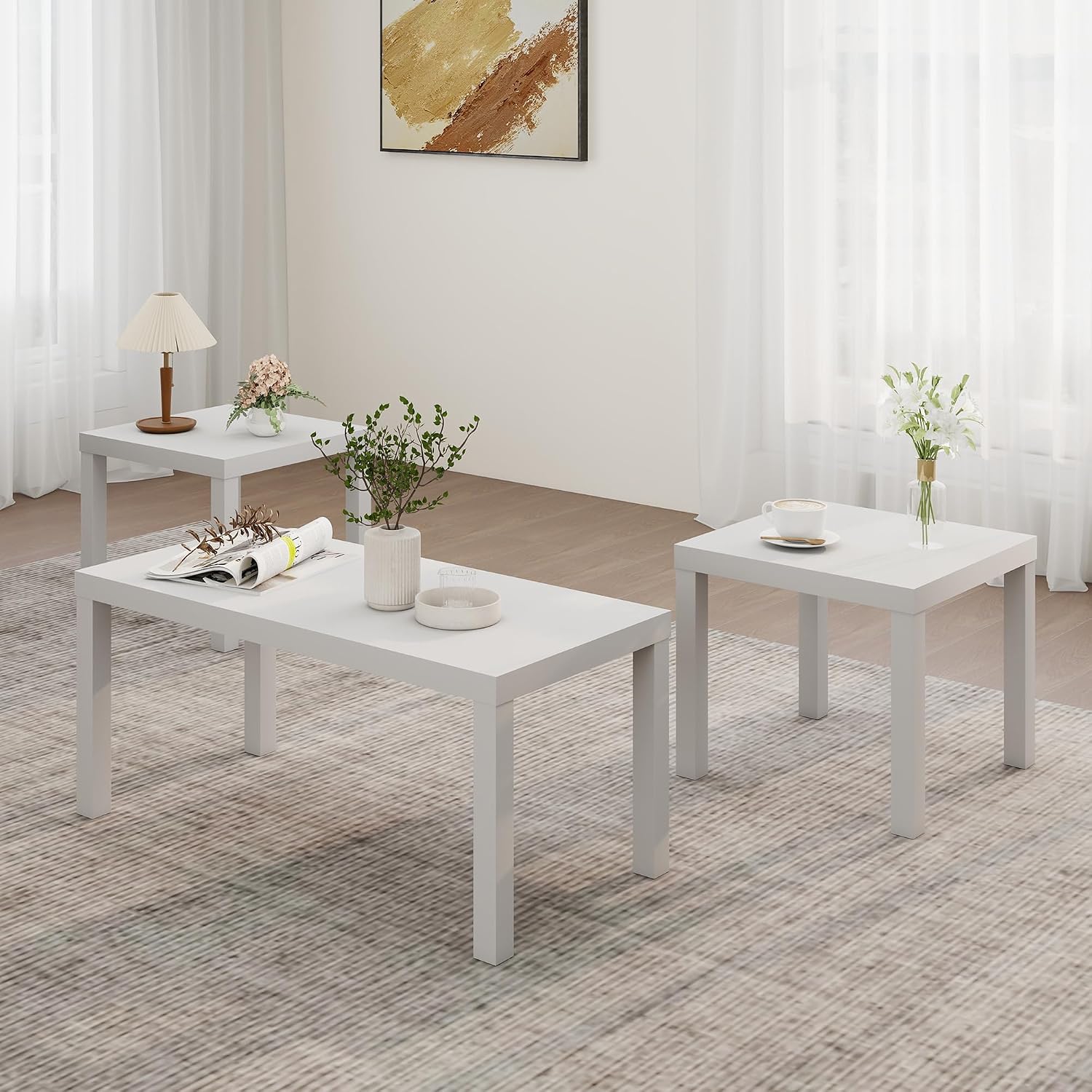 Modern 3 Piece Coffee Table Set, Rectangle Coffee Table with End Tables Thick Frame Living Room Table Sets for Small Spaces