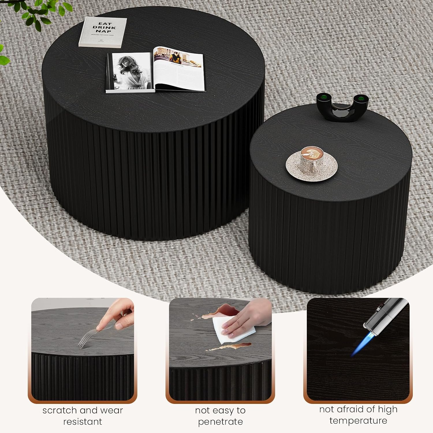 Round Wood Coffee Table Set of 2 Modern Round Fluted Nesting Coffee Tables Handcrafted Wooden Circle Nesting Table for Living Room for Small Space (Black (D18.9+D14.8 inch))