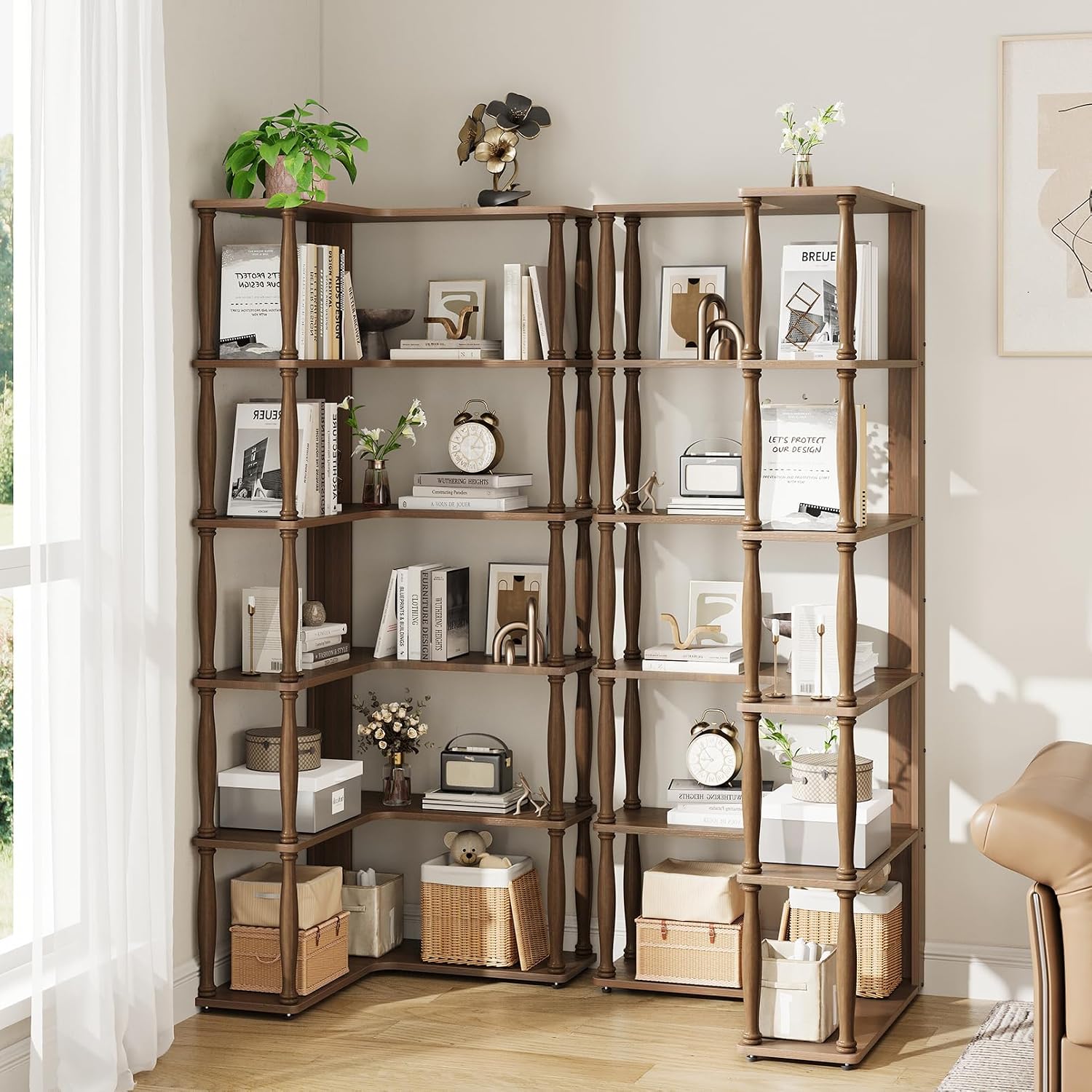 6 Tier Corner Bookshelf, L Shaped Bookcase with Solid Wood Posts,Vintage American Display Shelf for Home Office, Living Room, Bedroom, Kitchen