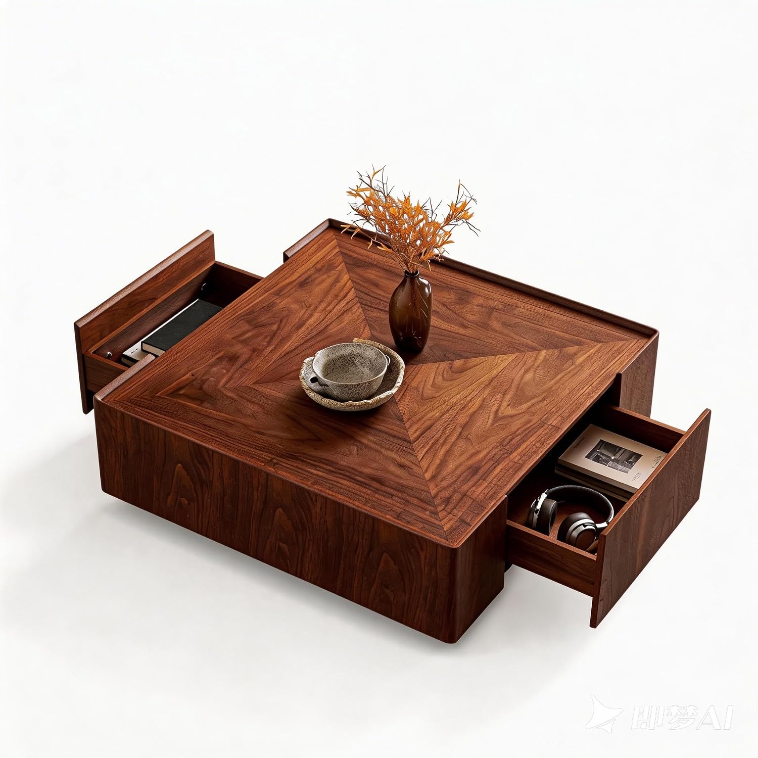 WILLIAMSPACE 35.43' Square Coffee Table with 2 Drawers Storage, Modern Drum Center Table Tea Table for Living Room Apartment, No Need Assembly - Walnut