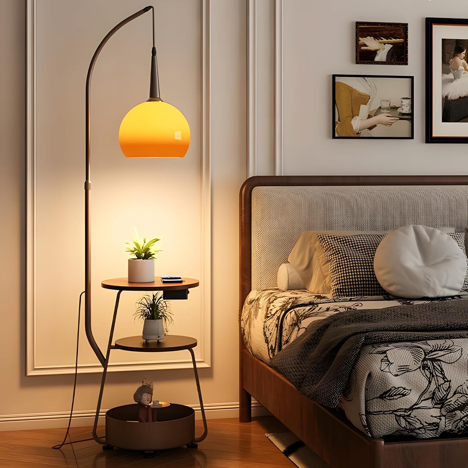 Bofea-Modern Orange Floor Lamp for Living Room,Mid Century Tall Lamps with Tea Table & Storage Bucket,Fishing Standing Lamp with Glass Lampshade,Mid Century Floor Lamp for Bedroom Corner.
