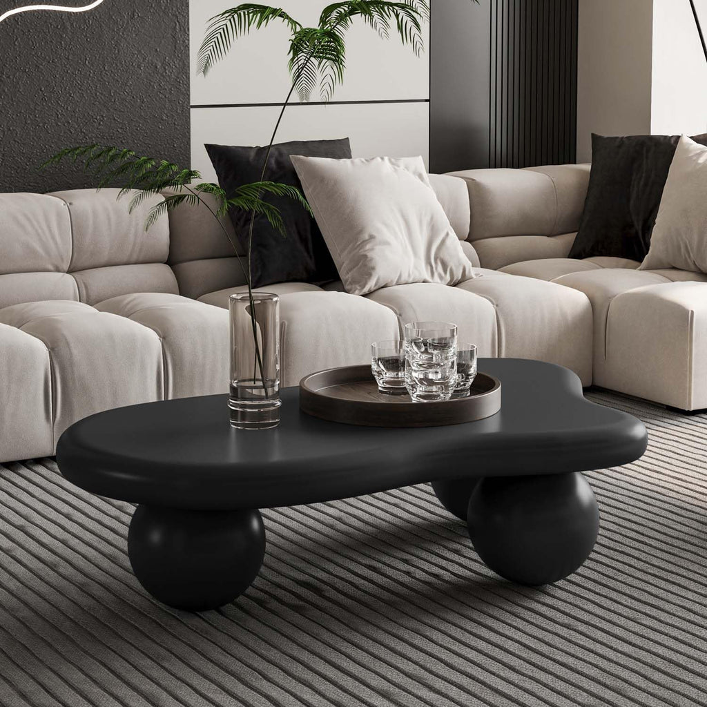 40' Black Modern Coffee Table Cloud Shape Low Center Table with 3 Ball Legs Cute Irregular Indoor Tea Table for Living Room Small Space