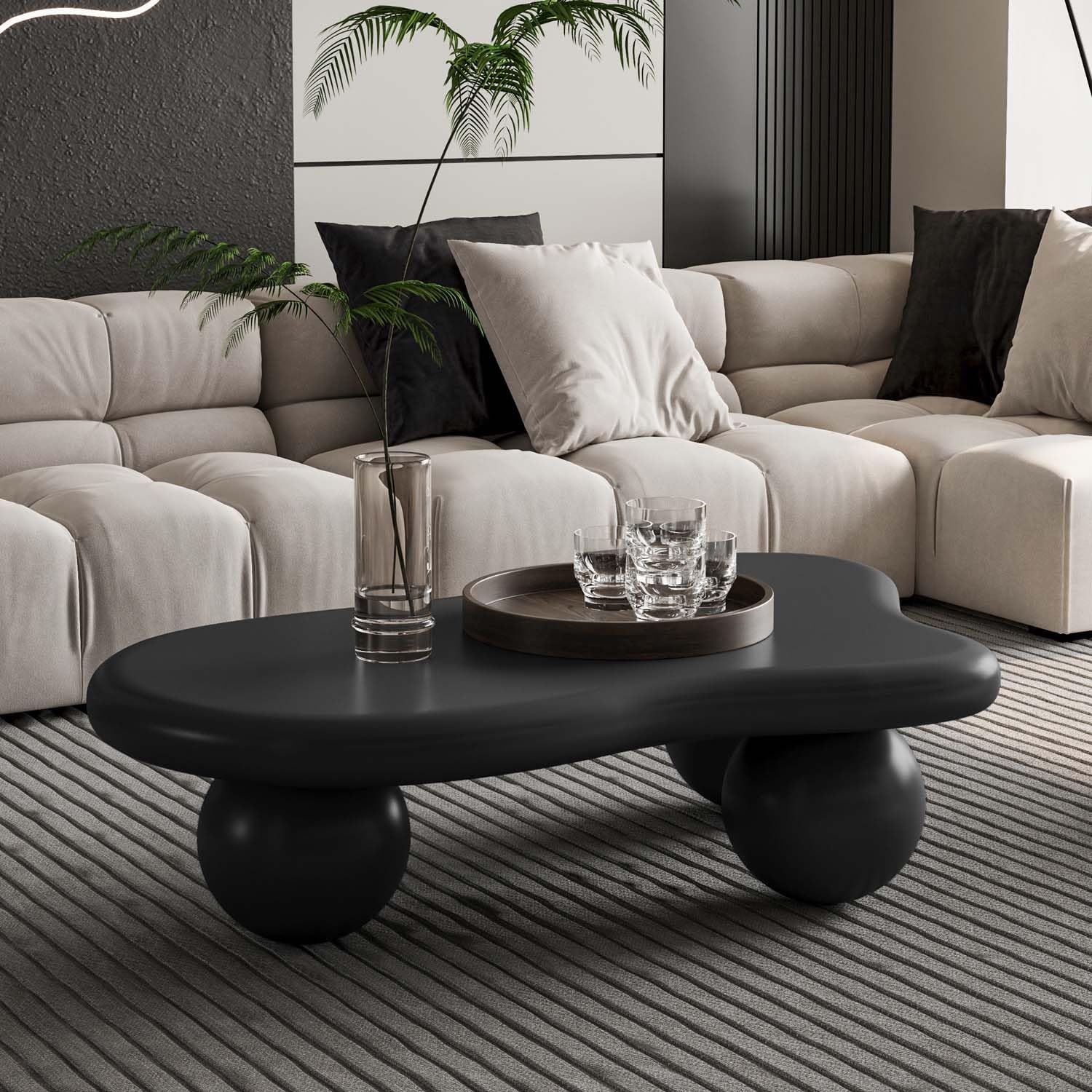 40' Black Modern Coffee Table Cloud Shape Low Center Table with 3 Ball Legs Cute Irregular Indoor Tea Table for Living Room Small Space