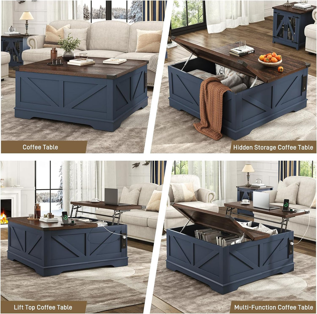 Hlivelood 40' Large Farmhouse Lift Top Coffee Table with Power Outlets and Large Hidden Storage, Square Wood Living Room Tables, Multi-Function Lift Wooden Barn Door Center Table, Blue
