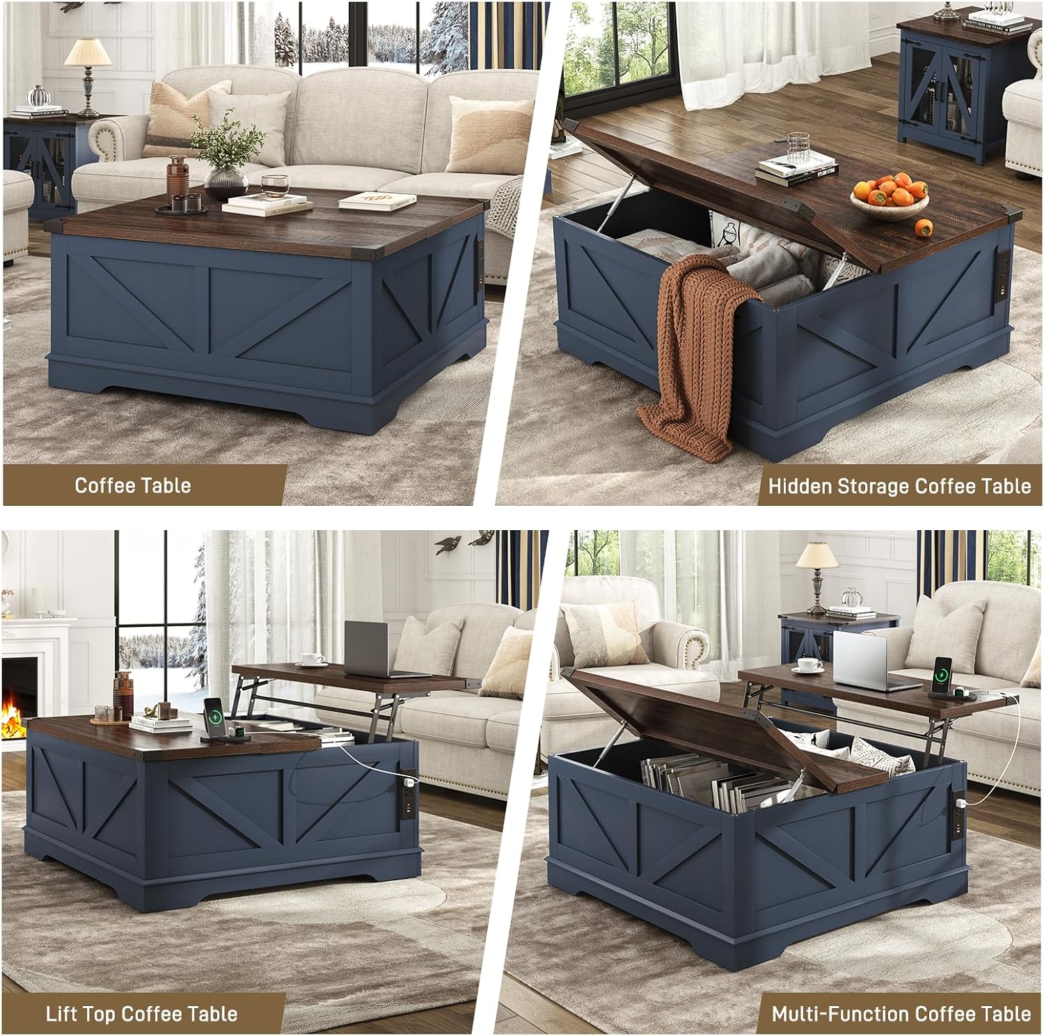 Hlivelood 40' Large Farmhouse Lift Top Coffee Table with Power Outlets and Large Hidden Storage, Square Wood Living Room Tables, Multi-Function Lift Wooden Barn Door Center Table, Blue