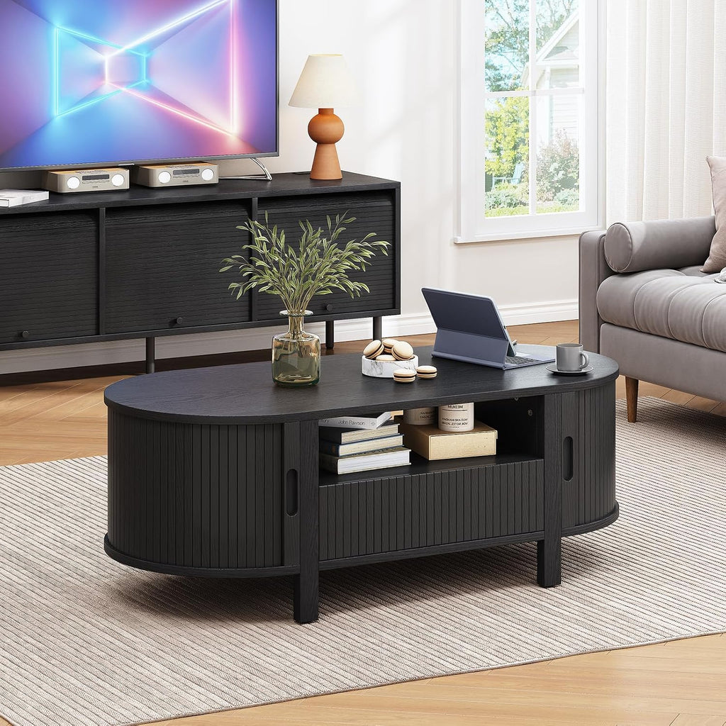 ONBRILL 47.2 Inch Oval Coffee Table with Storage, Mid Century Modern Coffee Table with Drawer, Center Table with Sliding Door and Wood Fluted Handle for Living Room, Black