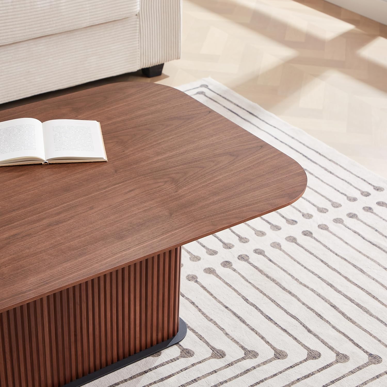 Coffee Table, Modern Wooden Coffee Table Rectangle Center Table with Solid Wood Veneered, Walnut