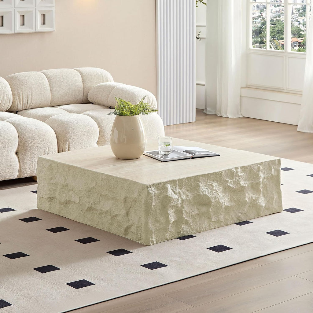35.43' Marble Travertine Pattern Square Coffee Table for Living Room, Modern Minimalist Center Side End Table for Living Room, Apartment, Office, Marble Stone Shape, No Need Assembly