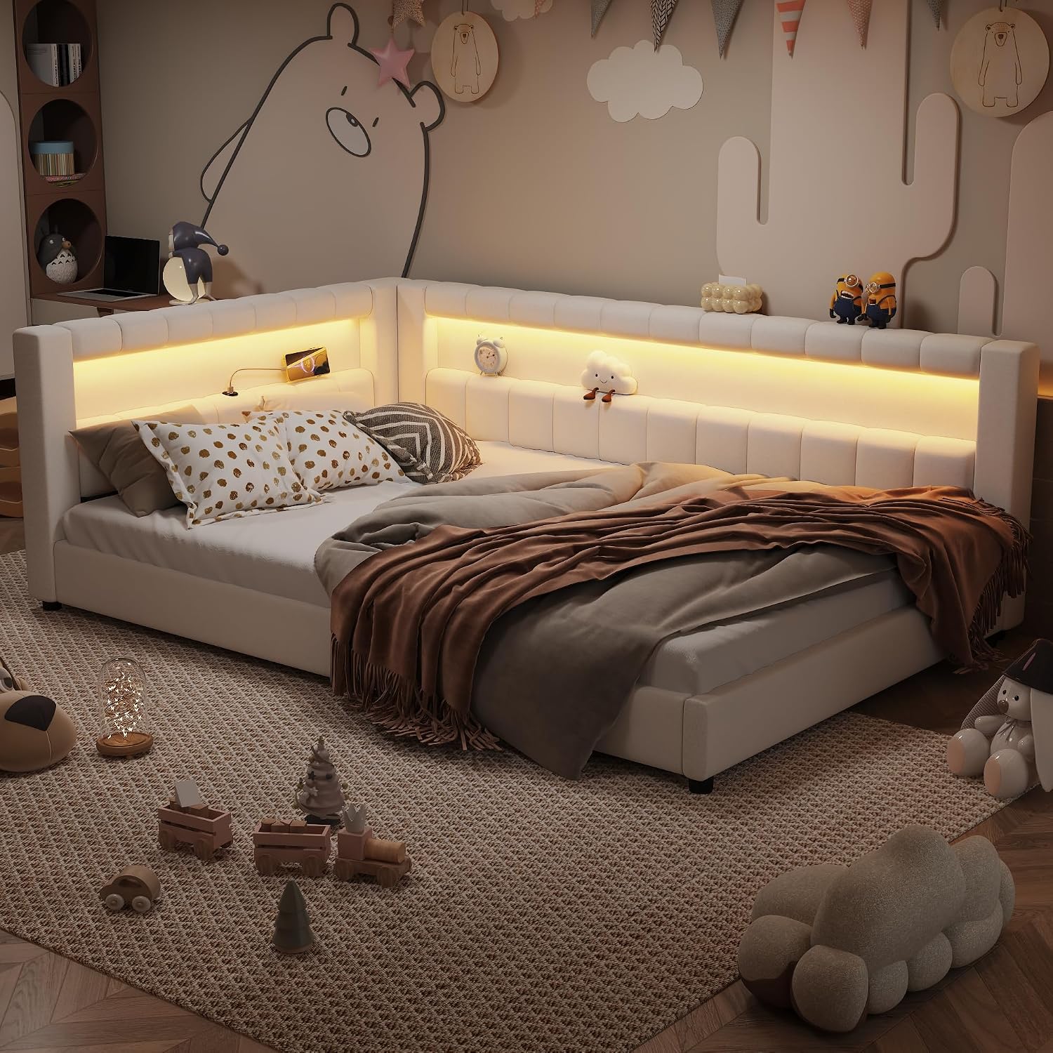 Upholstered Full XL Size Daybed with LED and USB Ports, L-Shaped Corner Day Bed with Storage Shelves Headboard,Space Saving for Girls Adults Kids Boys, White