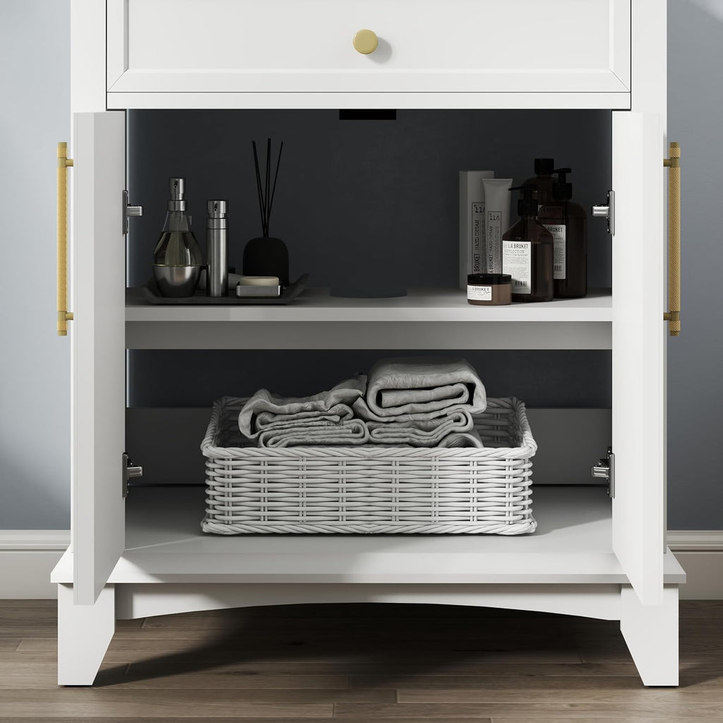27.8' Bathroom Vanity Sink Combo, White | Integrated Ceramic Sink, Adjustable Shelves, Gold Metal Handles, Solid Wood Base, 19'Dx28.3'Wx34'H