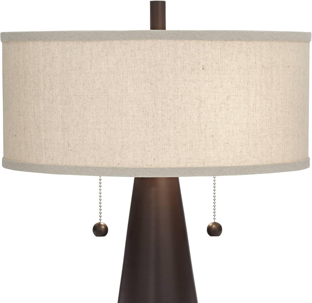 Franklin Iron Works Craig 23' Tall Rustic Farmhouse Accent Set of 2 Table Lamps with USB Ports A+C Charging Bronze Metal Natural Drum Shade for Bedroom Living Room House Desk Bedside Nightstand