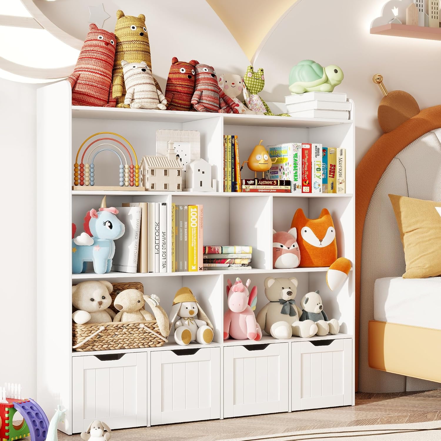 Gizoon Toy Storage Cabinet and Kids Bookcase with 4 Movable Drawers and 8 Open Shelves Toy Chest Shelf Organizer with Hidden Wheels for Playroom Nursery Kids Room, White, Painted