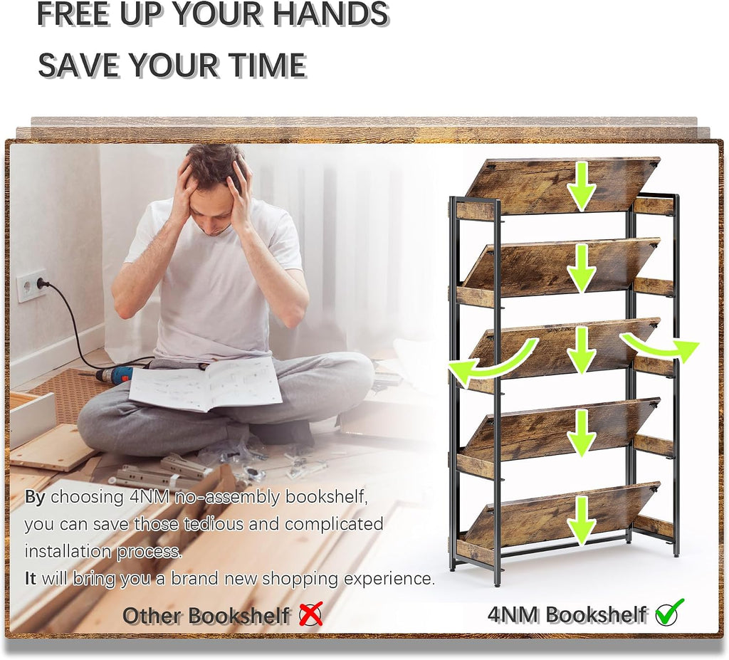 4NM Extra Wdie No Assembly Folding Bookshelf, 64.3' H x 30.9' W, 5 Tier Collapsible Book Shelf Bookcase Foldable Shelves for Bedroom Living Room Home Office - Rustic Brown & Black
