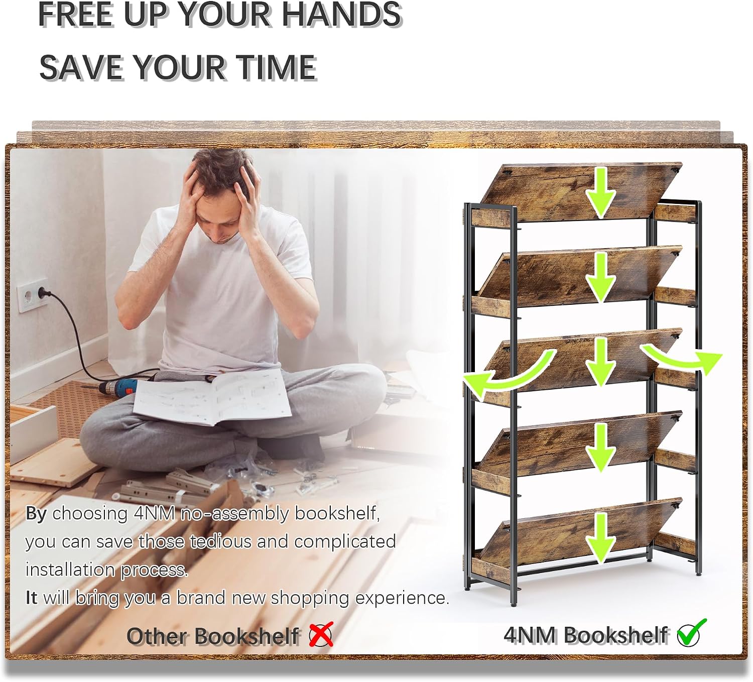 4NM Extra Wdie No Assembly Folding Bookshelf, 64.3' H x 30.9' W, 5 Tier Collapsible Book Shelf Bookcase Foldable Shelves for Bedroom Living Room Home Office - Rustic Brown & Black