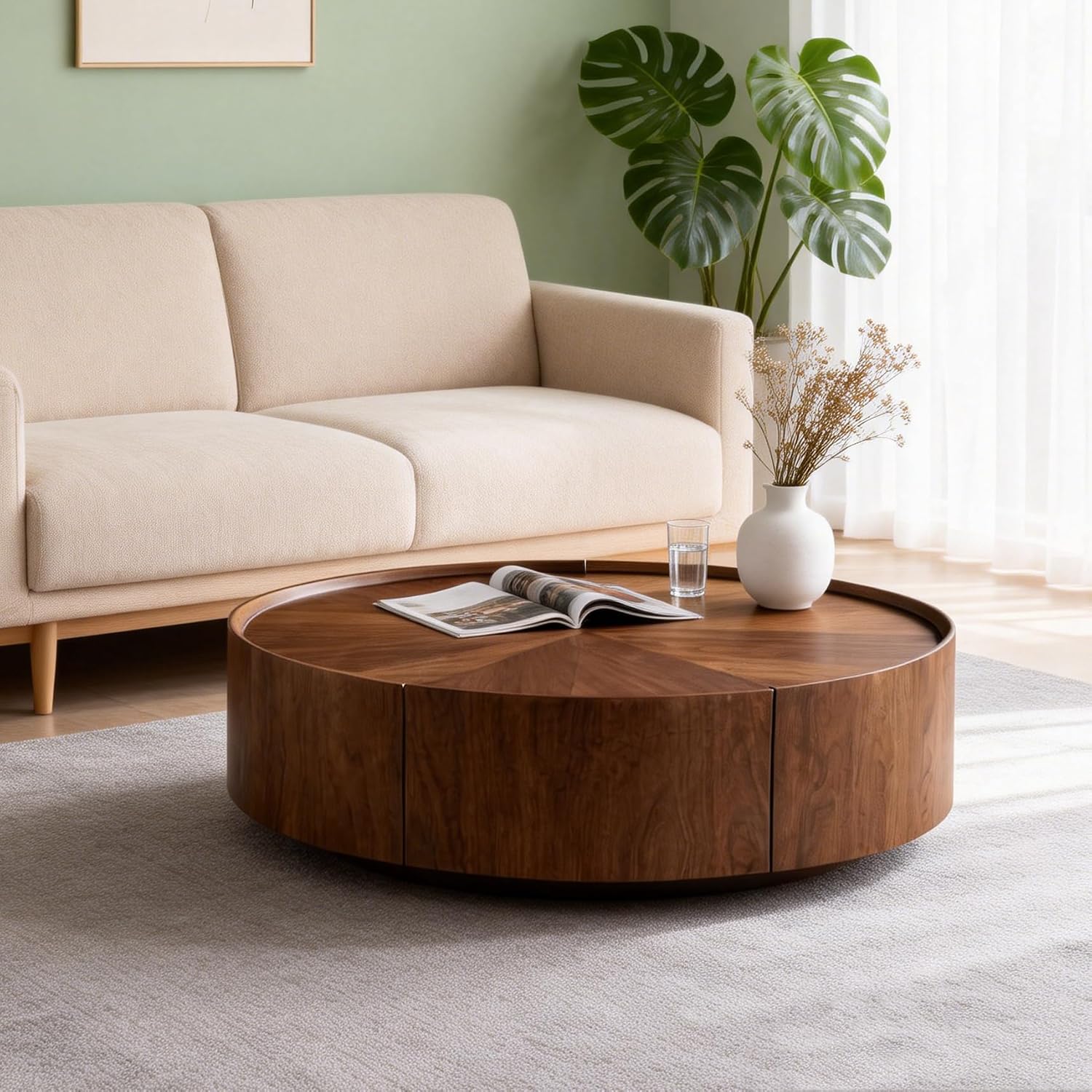 SSLine 35.4-Inch Round Coffee Table with Storage Drawers,Fully Assembled Wooden Coffee Table with Solid Wood Veneered Mid-Century Modern Cocktail Center Tables for Living Room Office Apartment,Walnut